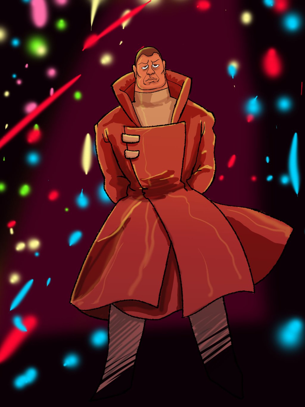 foreboding man in trench coat surrounded by blurry neon lights in background, possibly in the future