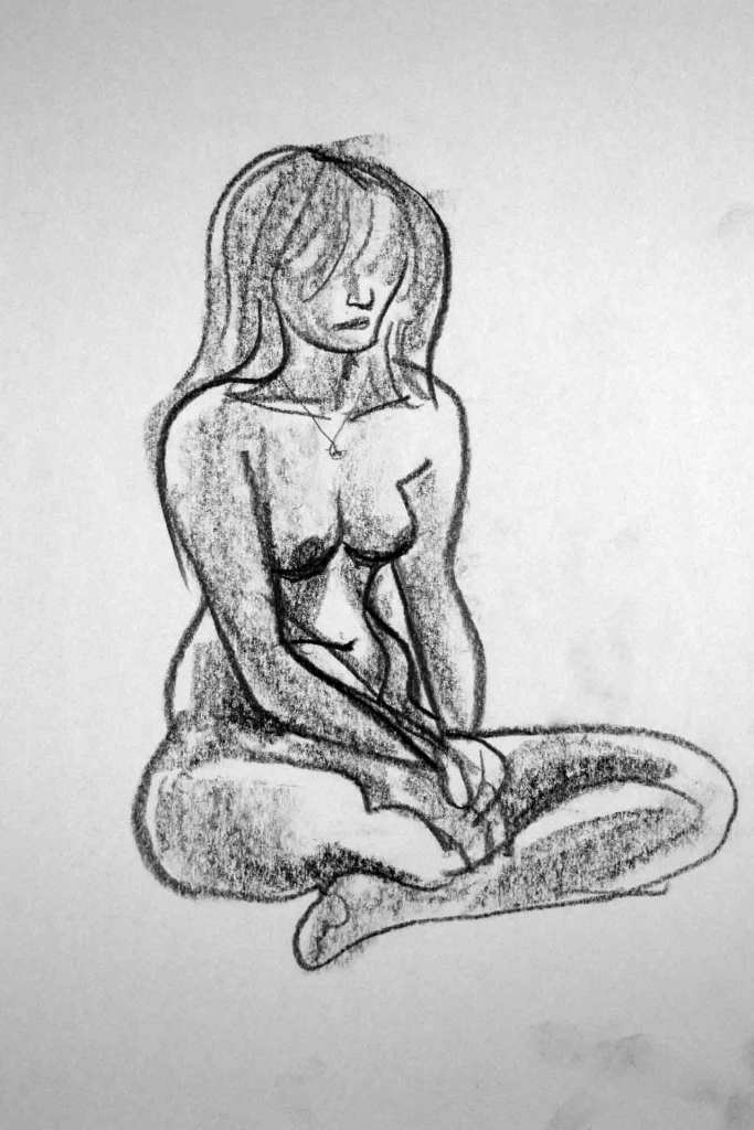 drawing of nude figure, female sitting on floor pretzel style, facing viewer, hands in lap, graphite on paper