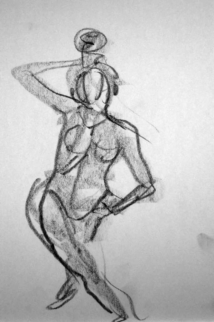 drawing of nude figure, female standing in twisted contrapposto, graphite on paper