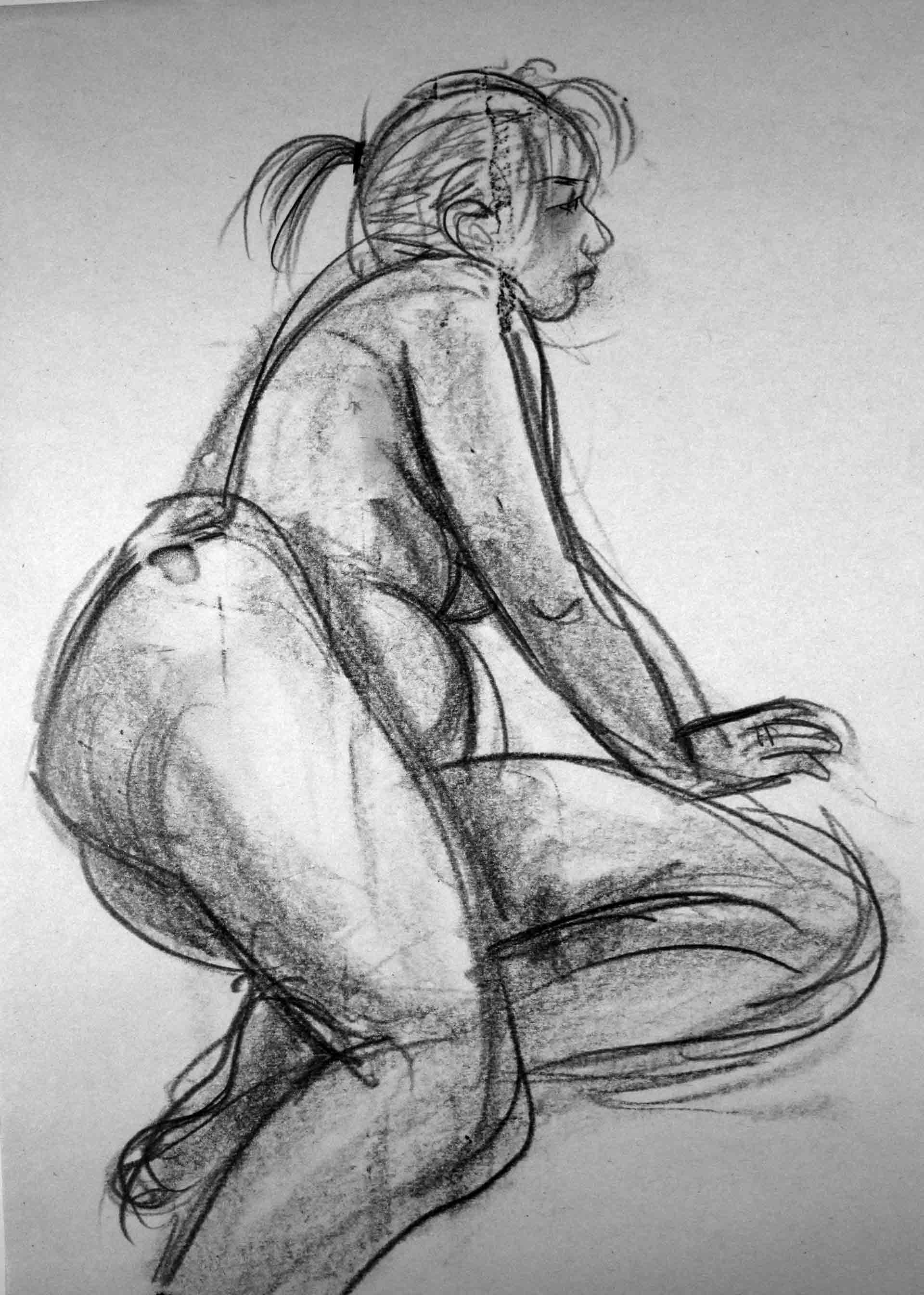drawing of nude figure, woman sitting up from prone position, charcoal on newsprint