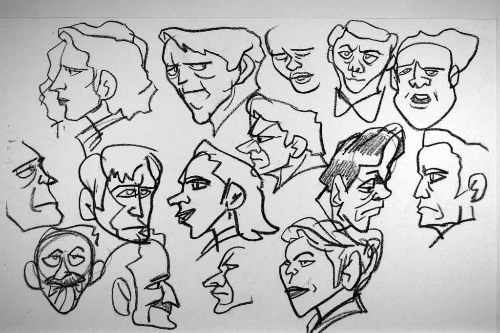 sketches and doodles of cartoon faces