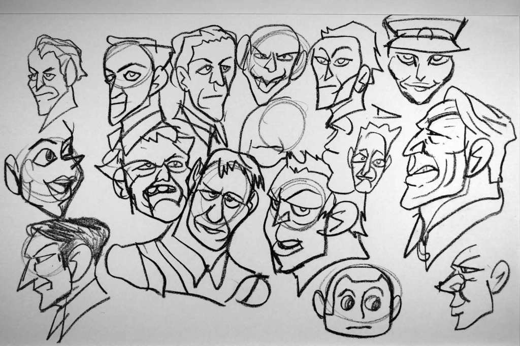 sketches and doodles of cartoon faces
